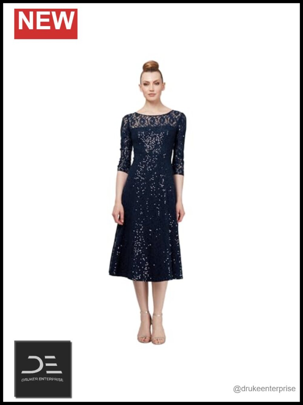 Sequin Lace Tea Length Fit & Flare Midi Dress 3/4 Sleeve